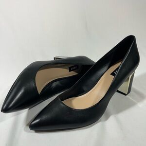 DKNY ELIE LEATHER‎ PUMPS WOMEN 10 BLACK W/GOLD TRIM 3” BLOCK HEEL OFFICEWEAR